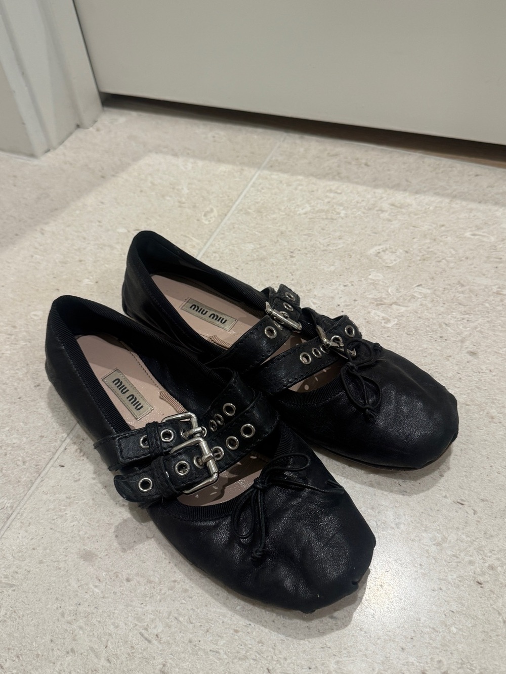Miu Miu Black Leather Double-Buckle Ballet Flats